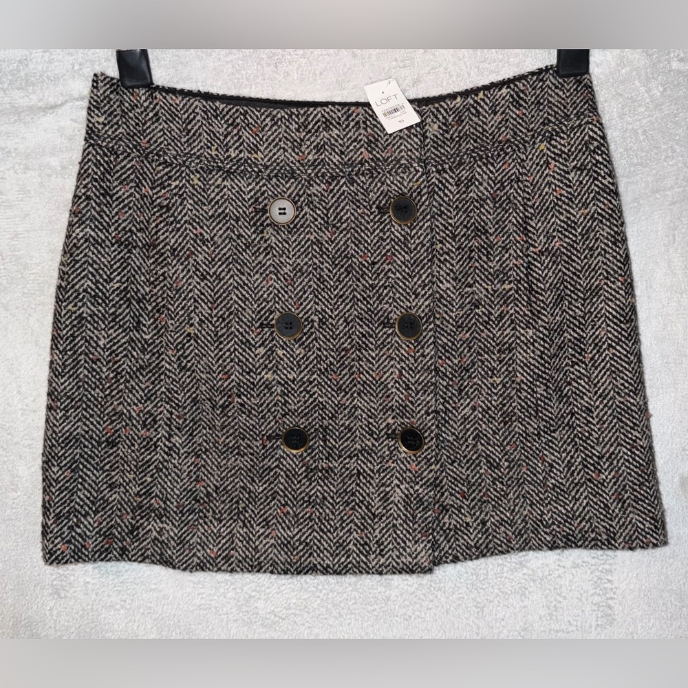 NWT Ann Taylor LOFT Skirt Size 10 Gray Tiny Check Fleck Wool Blend‎ Wrap Mini